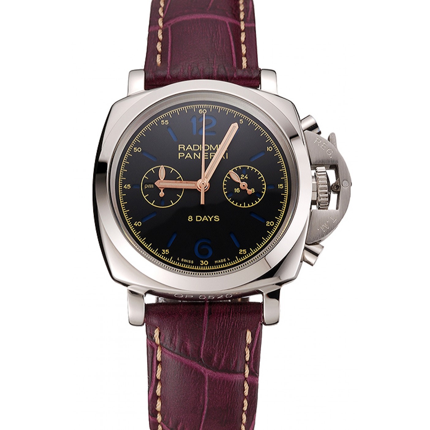 MiroTime Panerai Radiomir 8 Days Chronograph Black Dial Stainless Steel Case Plum Leather Strap 1453795