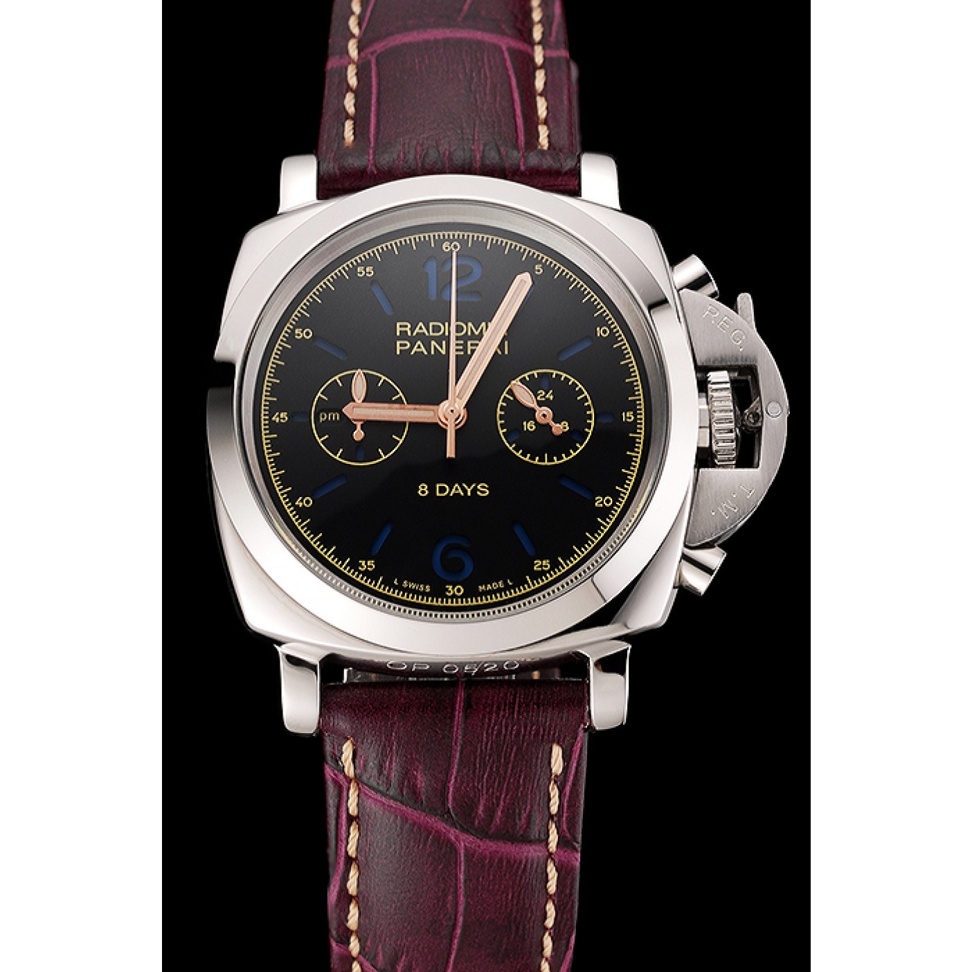 MiroTime Panerai Radiomir 8 Days Chronograph Black Dial Stainless Steel Case Plum Leather Strap 1453795