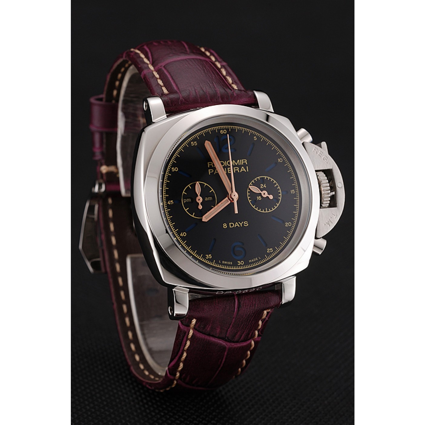 MiroTime Panerai Radiomir 8 Days Chronograph Black Dial Stainless Steel Case Plum Leather Strap 1453795