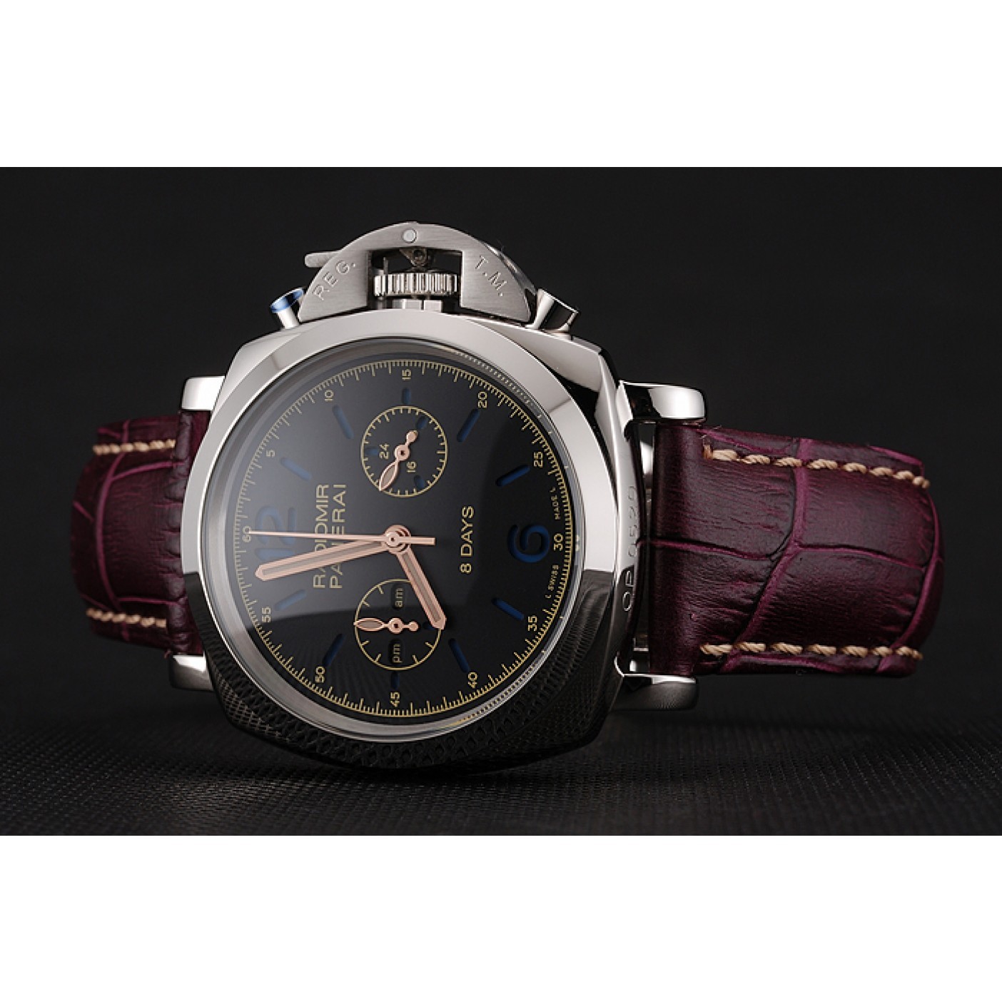 MiroTime Panerai Radiomir 8 Days Chronograph Black Dial Stainless Steel Case Plum Leather Strap 1453795
