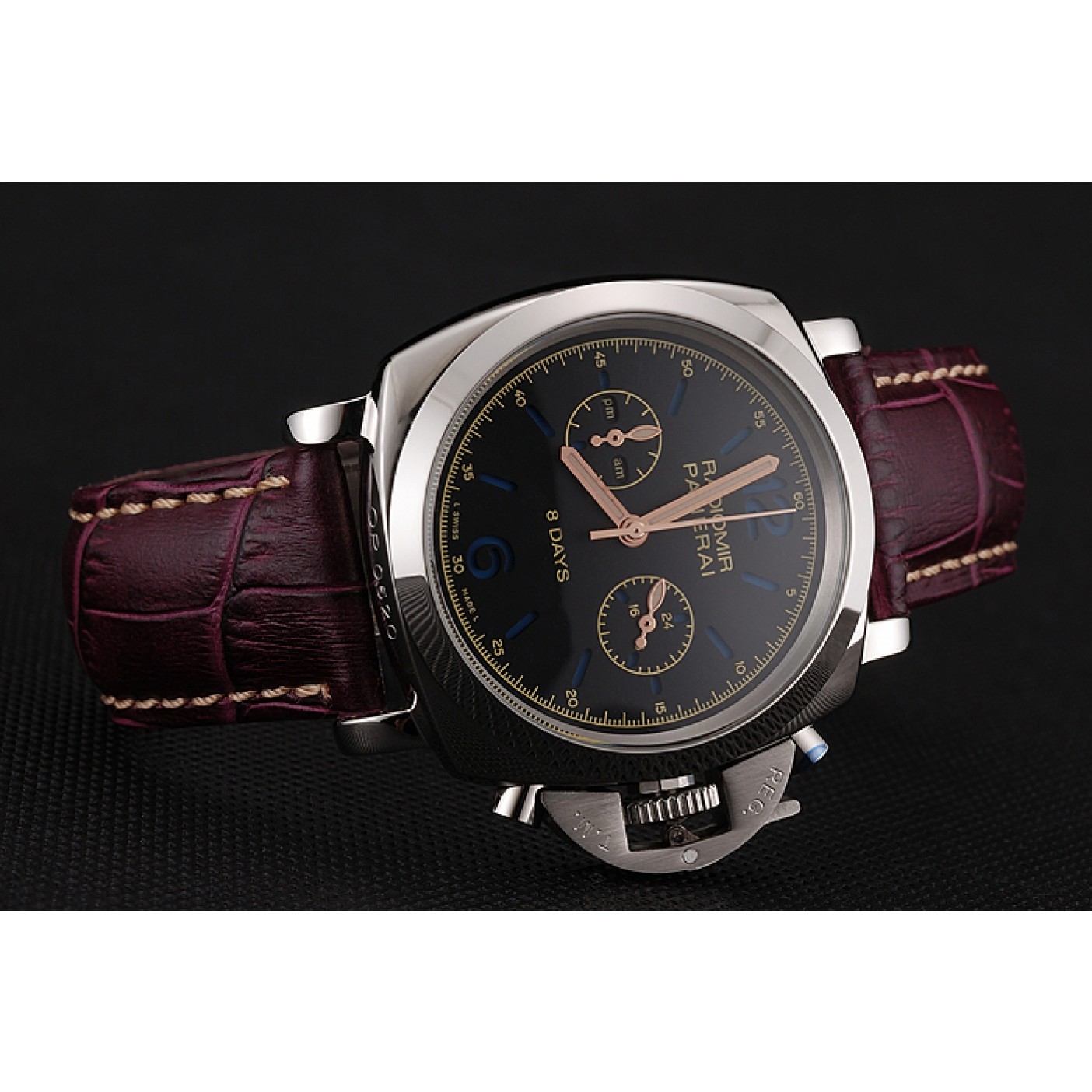 MiroTime Panerai Radiomir 8 Days Chronograph Black Dial Stainless Steel Case Plum Leather Strap 1453795