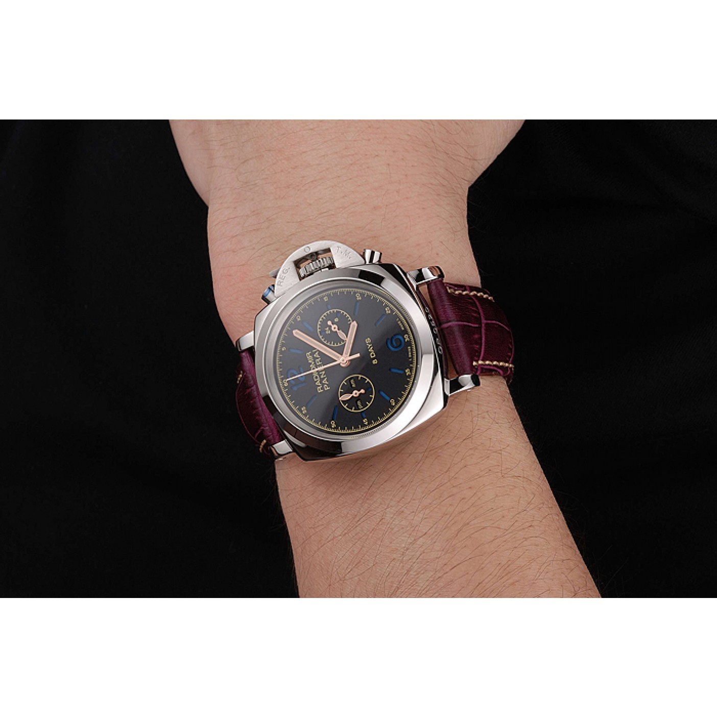 MiroTime Panerai Radiomir 8 Days Chronograph Black Dial Stainless Steel Case Plum Leather Strap 1453795