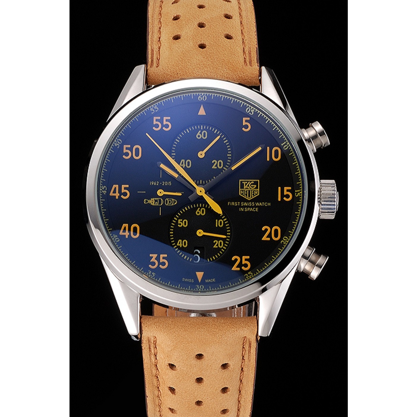 MiroTime Tag Heuer Carrera SpaceX Silver Bezel with Black Dial and Light Brown Leather Strap tag264 621535