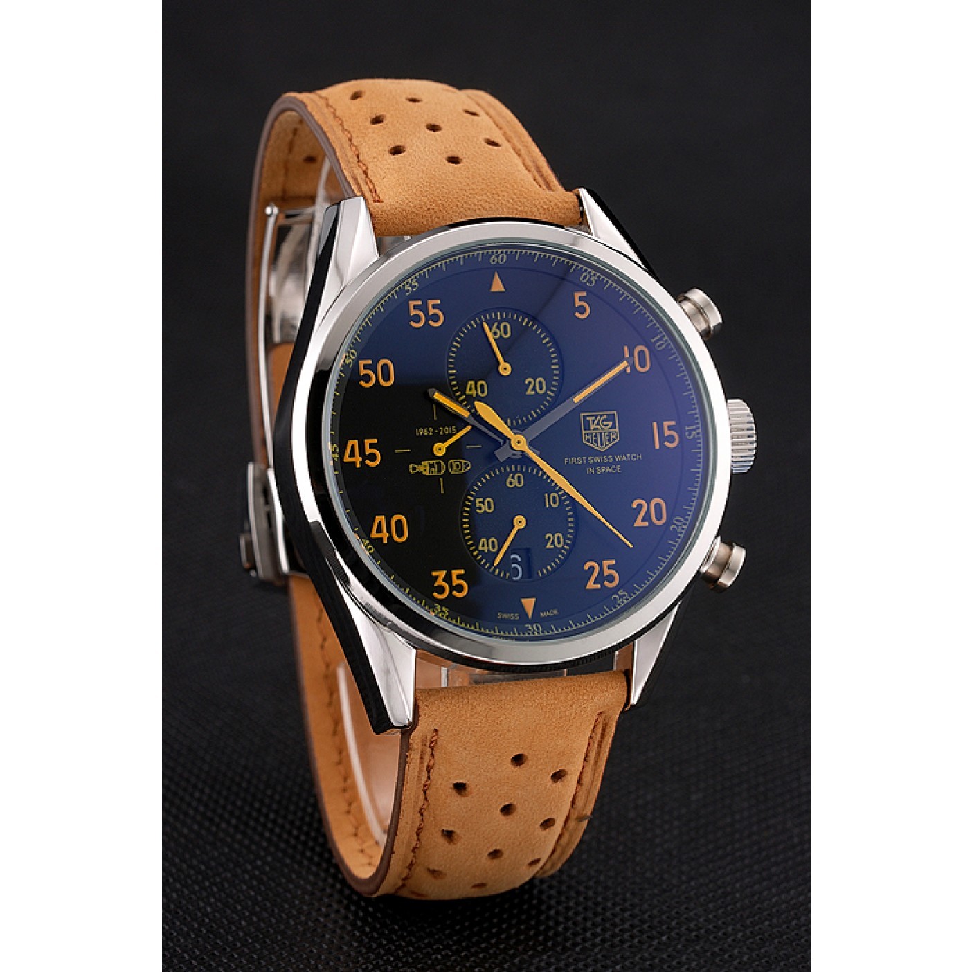 MiroTime Tag Heuer Carrera SpaceX Silver Bezel with Black Dial and Light Brown Leather Strap tag264 621535