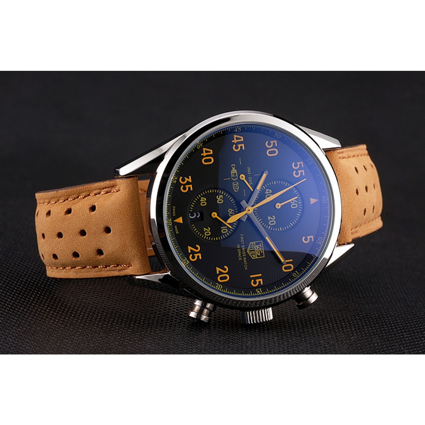 MiroTime Tag Heuer Carrera SpaceX Silver Bezel with Black Dial and Light Brown Leather Strap tag264 621535