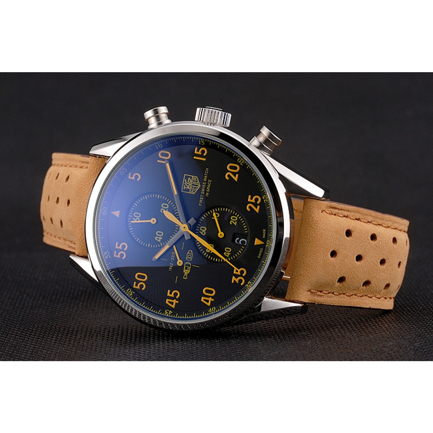 MiroTime Tag Heuer Carrera SpaceX Silver Bezel with Black Dial and Light Brown Leather Strap tag264 621535