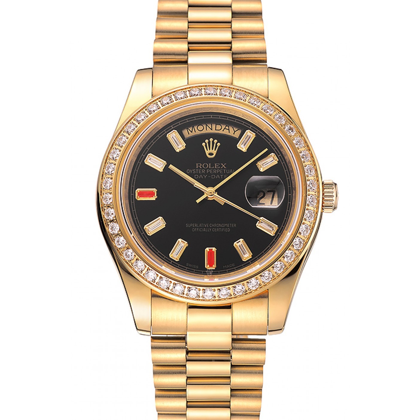 MiroTime Swiss Rolex Day-Date Diamonds And Rubies Black Dial Gold Bracelet 1454101