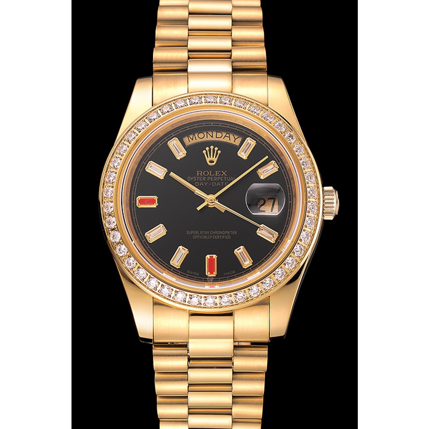 MiroTime Swiss Rolex Day-Date Diamonds And Rubies Black Dial Gold Bracelet 1454101