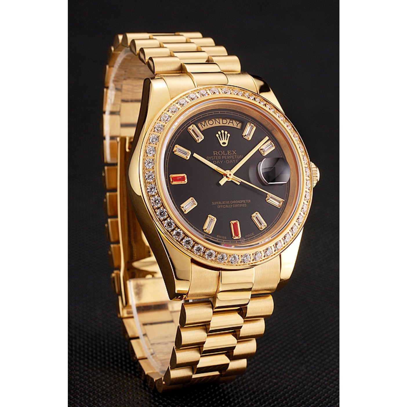 MiroTime Swiss Rolex Day-Date Diamonds And Rubies Black Dial Gold Bracelet 1454101