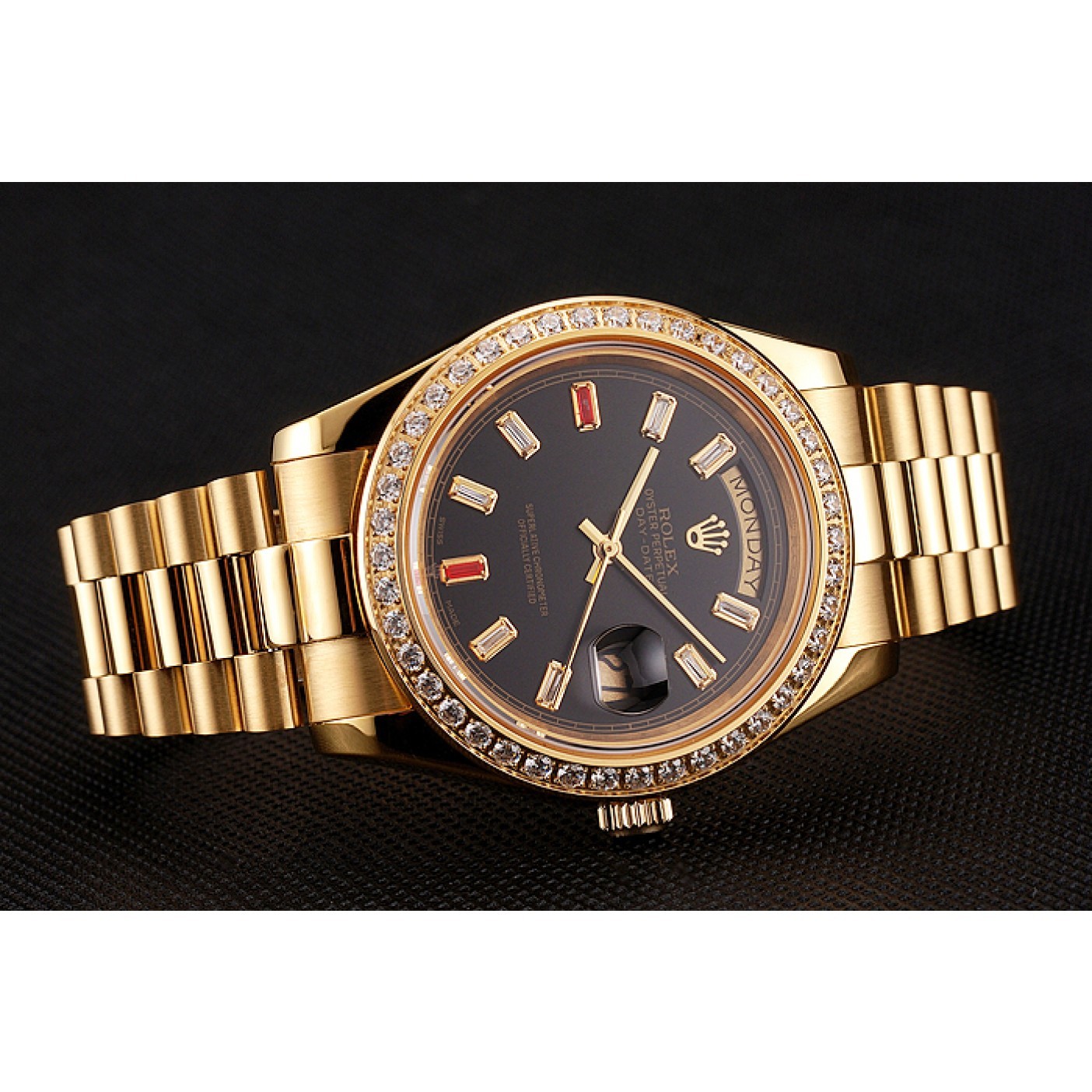 MiroTime Swiss Rolex Day-Date Diamonds And Rubies Black Dial Gold Bracelet 1454101