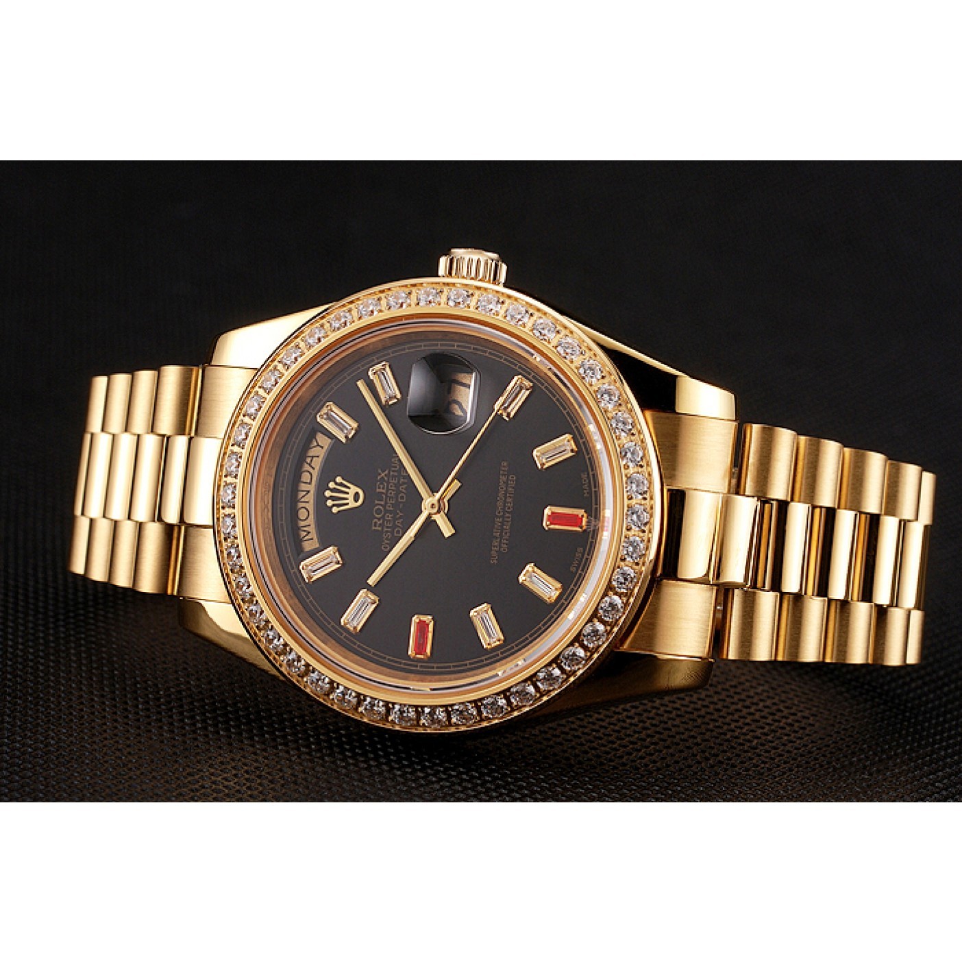 MiroTime Swiss Rolex Day-Date Diamonds And Rubies Black Dial Gold Bracelet 1454101