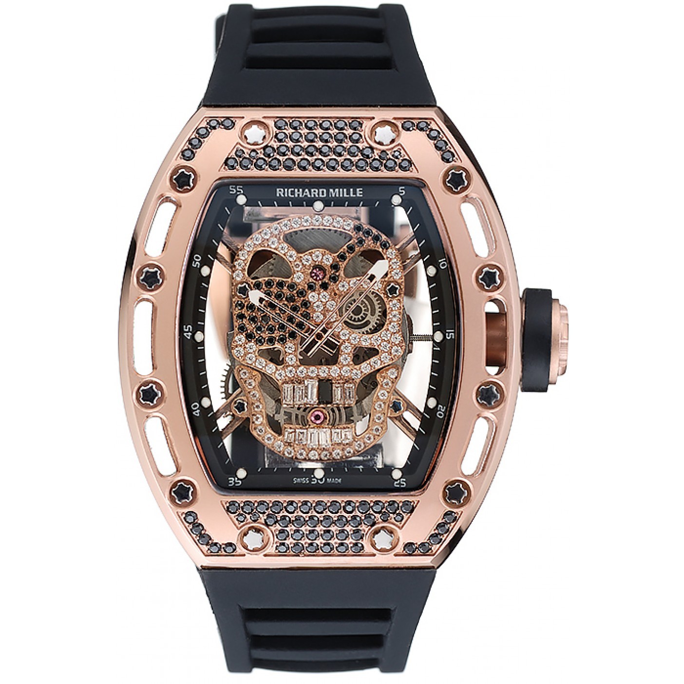 MiroTime Richard Mille Tourbillon Skull RM 052 Rose Gold Case Black Rubber Bracelet 1454252