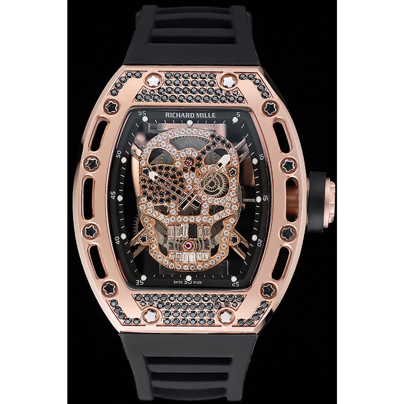 MiroTime Richard Mille Tourbillon Skull RM 052 Rose Gold Case Black Rubber Bracelet 1454252