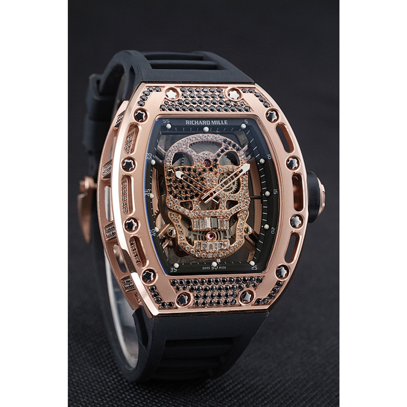 MiroTime Richard Mille Tourbillon Skull RM 052 Rose Gold Case Black Rubber Bracelet 1454252