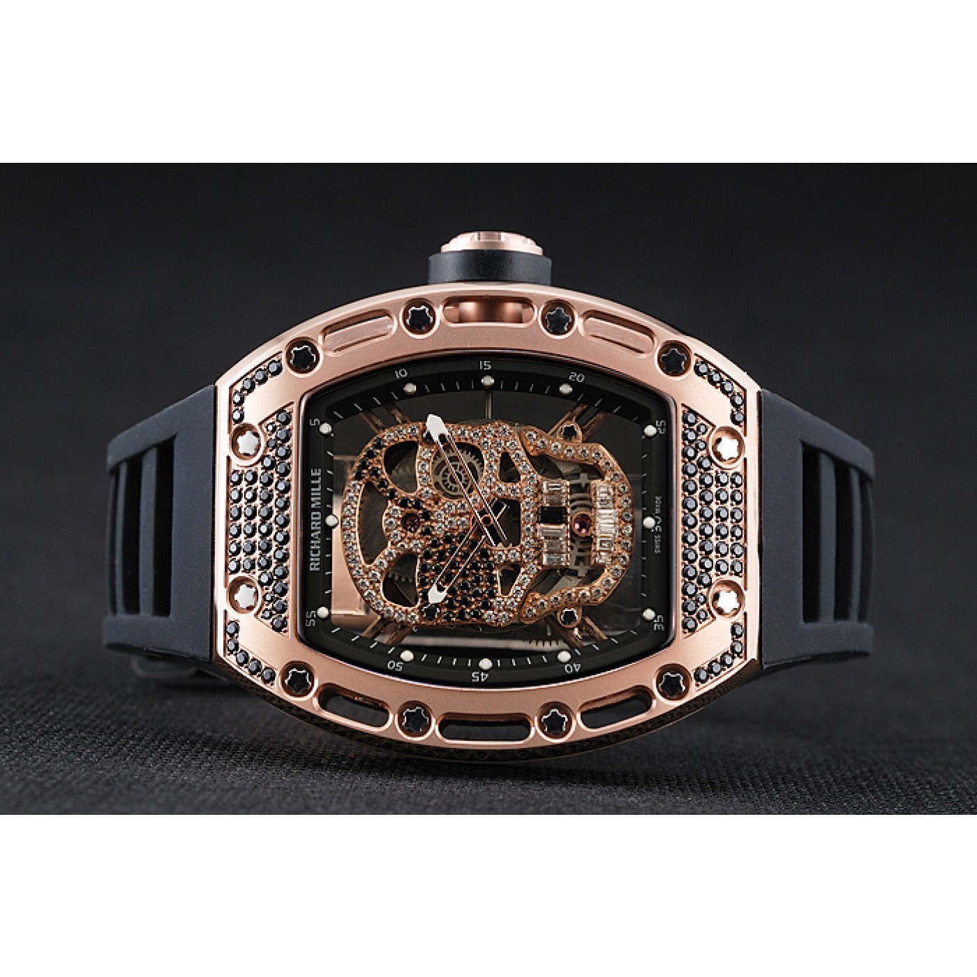 MiroTime Richard Mille Tourbillon Skull RM 052 Rose Gold Case Black Rubber Bracelet 1454252