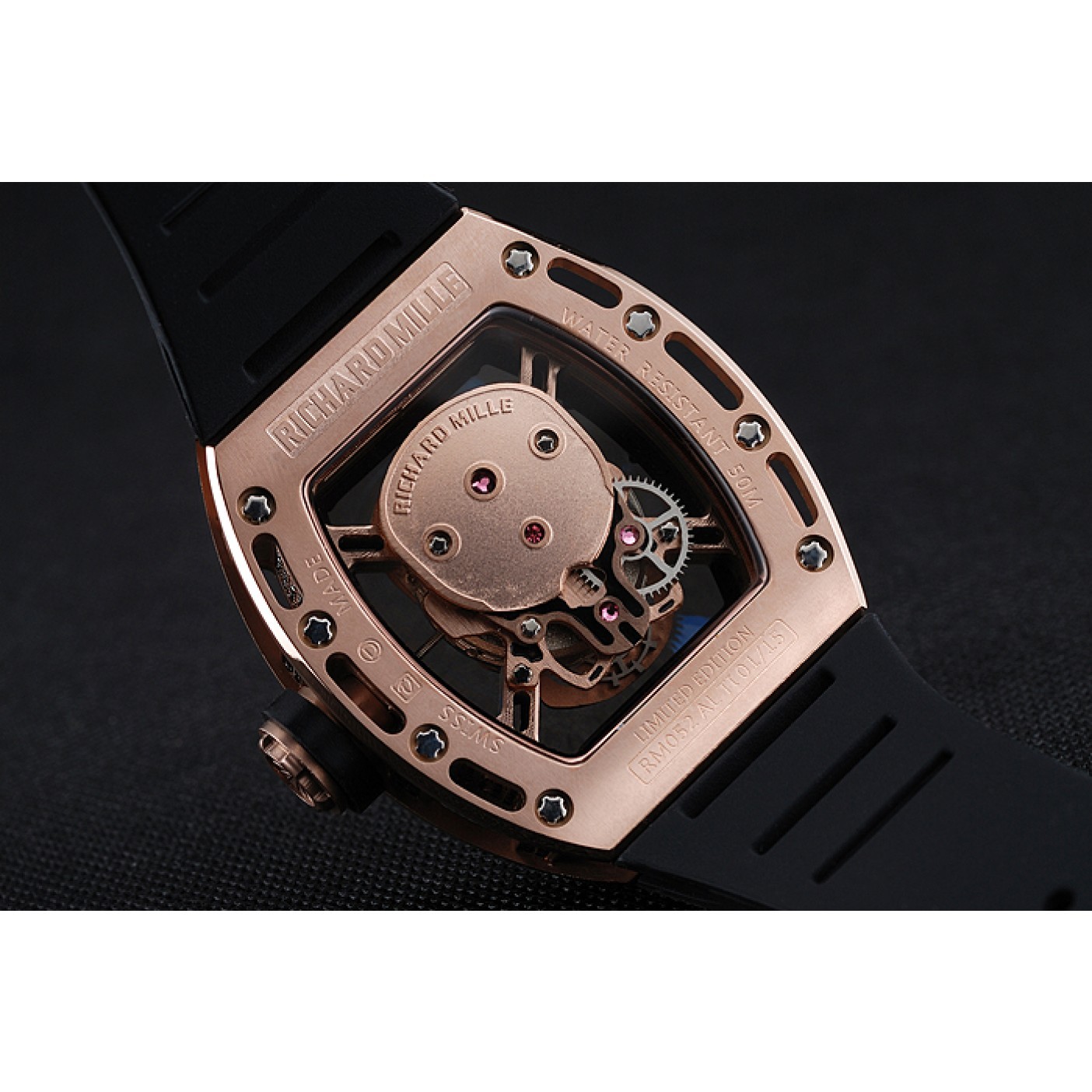 MiroTime Richard Mille Tourbillon Skull RM 052 Rose Gold Case Black Rubber Bracelet 1454252