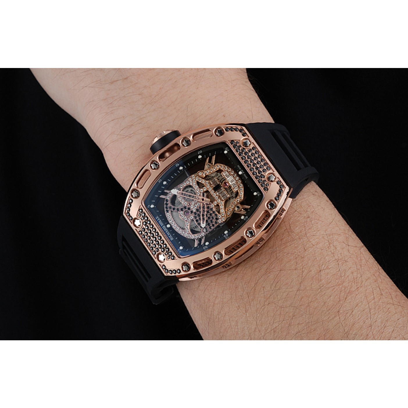 MiroTime Richard Mille Tourbillon Skull RM 052 Rose Gold Case Black Rubber Bracelet 1454252