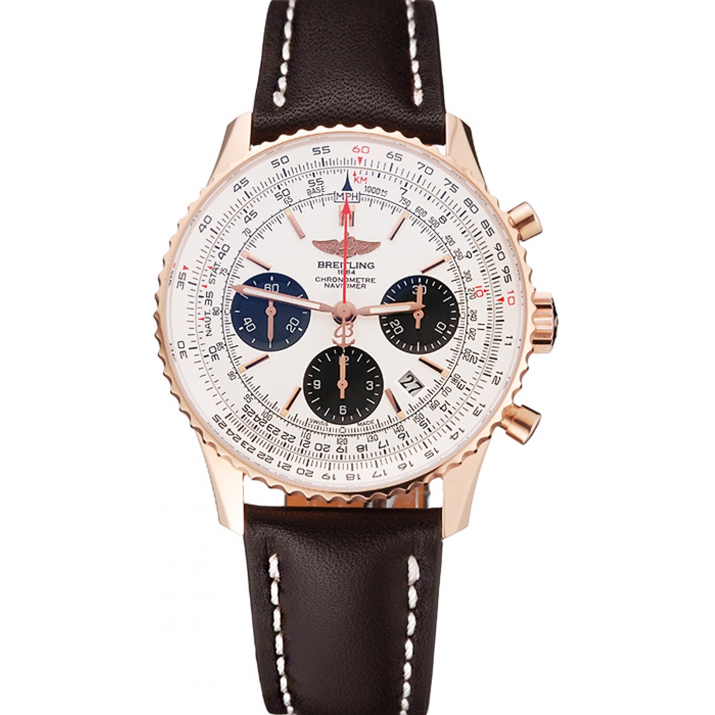 MiroTime Swiss Breitling Navitimer 01 White Dial Black Subdials Rose Gold Case Brown Leather Strap