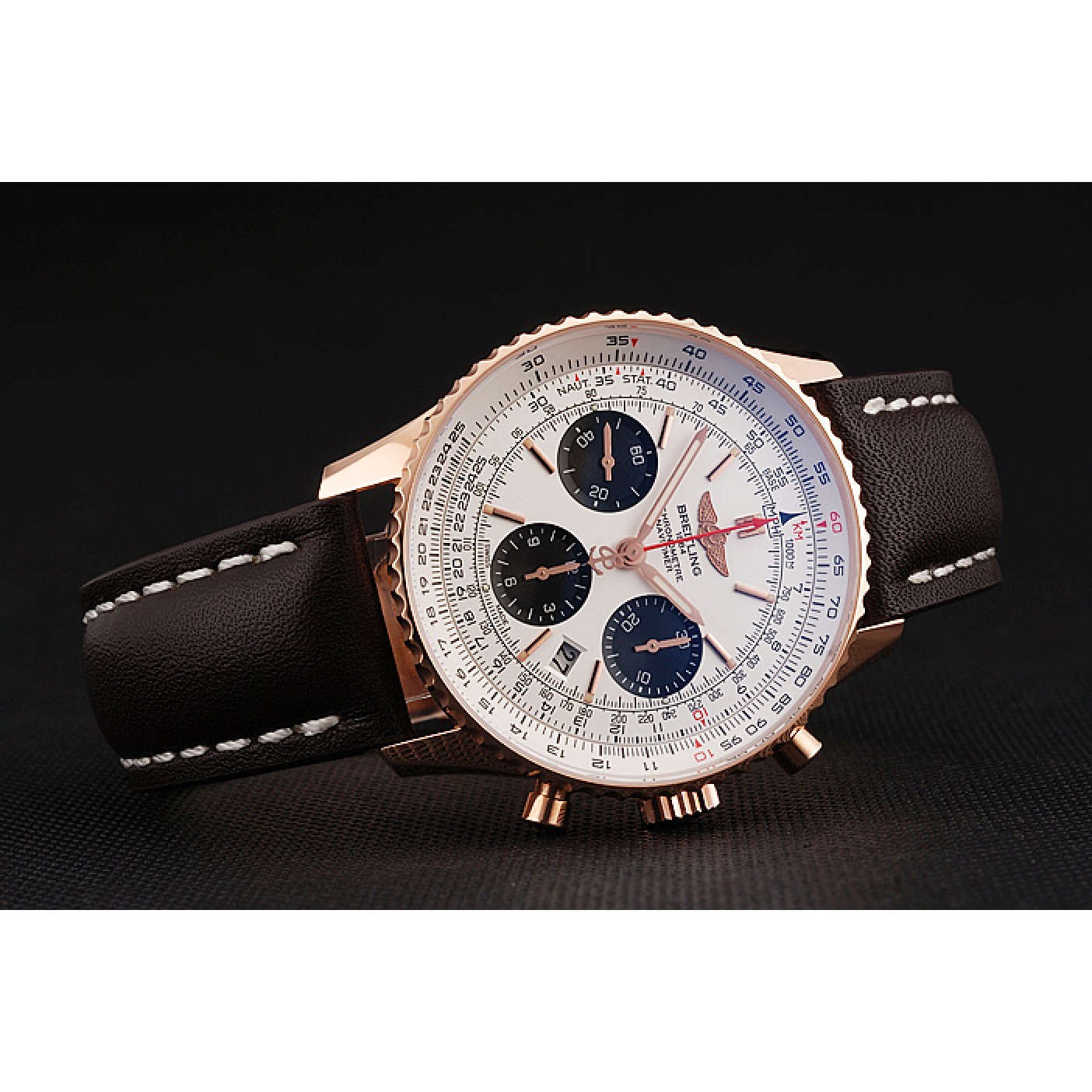 MiroTime Swiss Breitling Navitimer 01 White Dial Black Subdials Rose Gold Case Brown Leather Strap