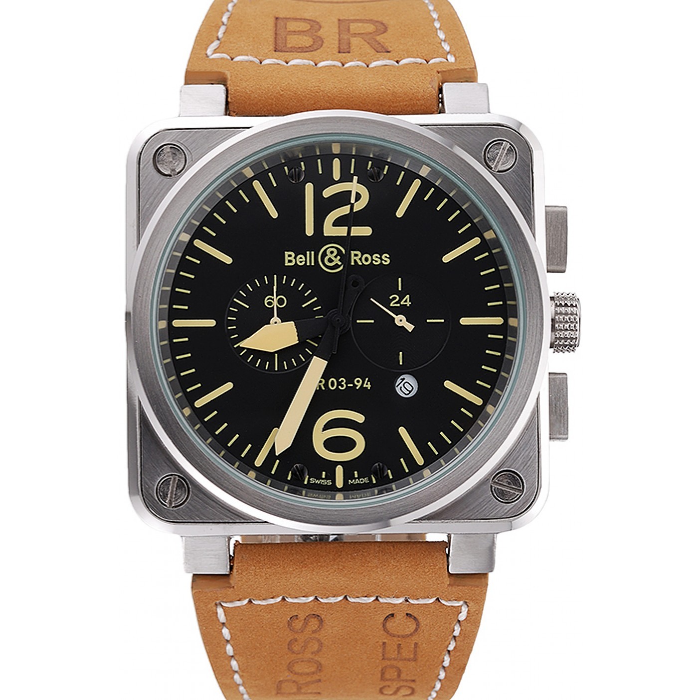 MiroTime Bell and Ross BR 03-94 Black Dial Silver Case Brown Leather Strap