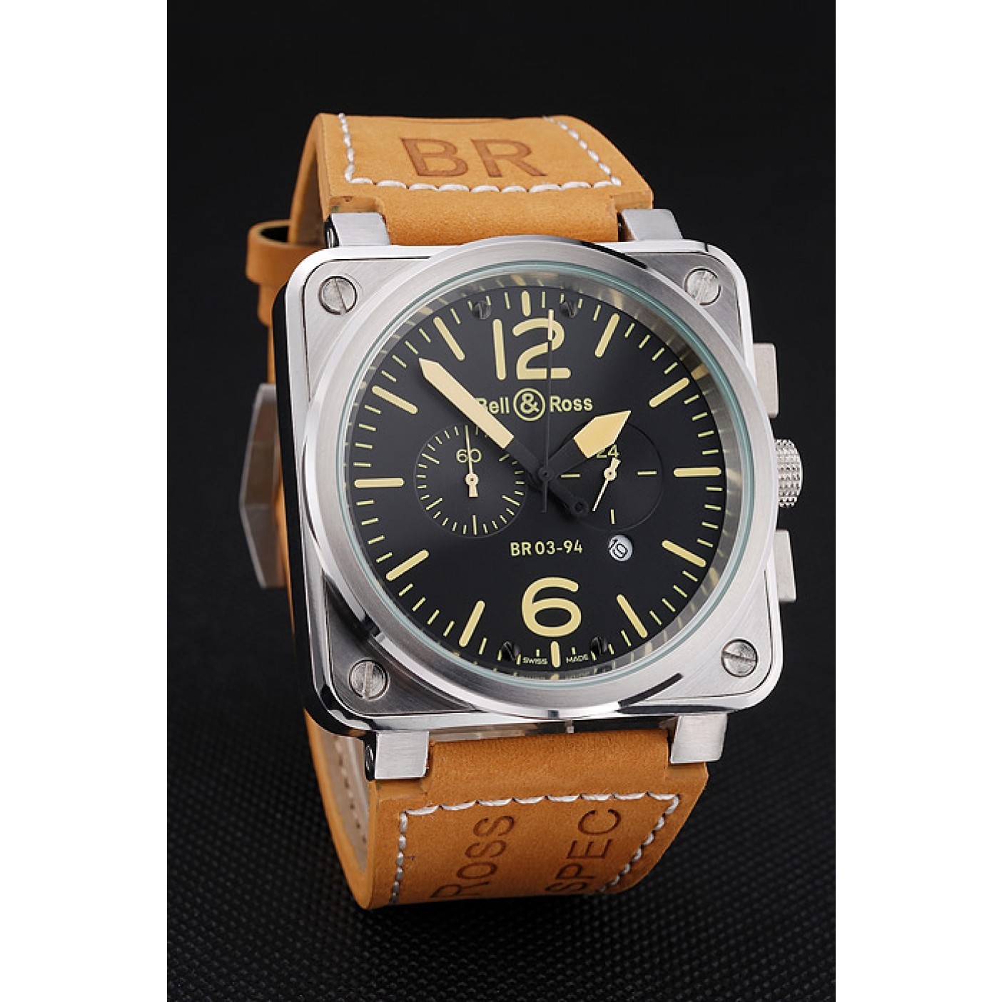 MiroTime Bell and Ross BR 03-94 Black Dial Silver Case Brown Leather Strap