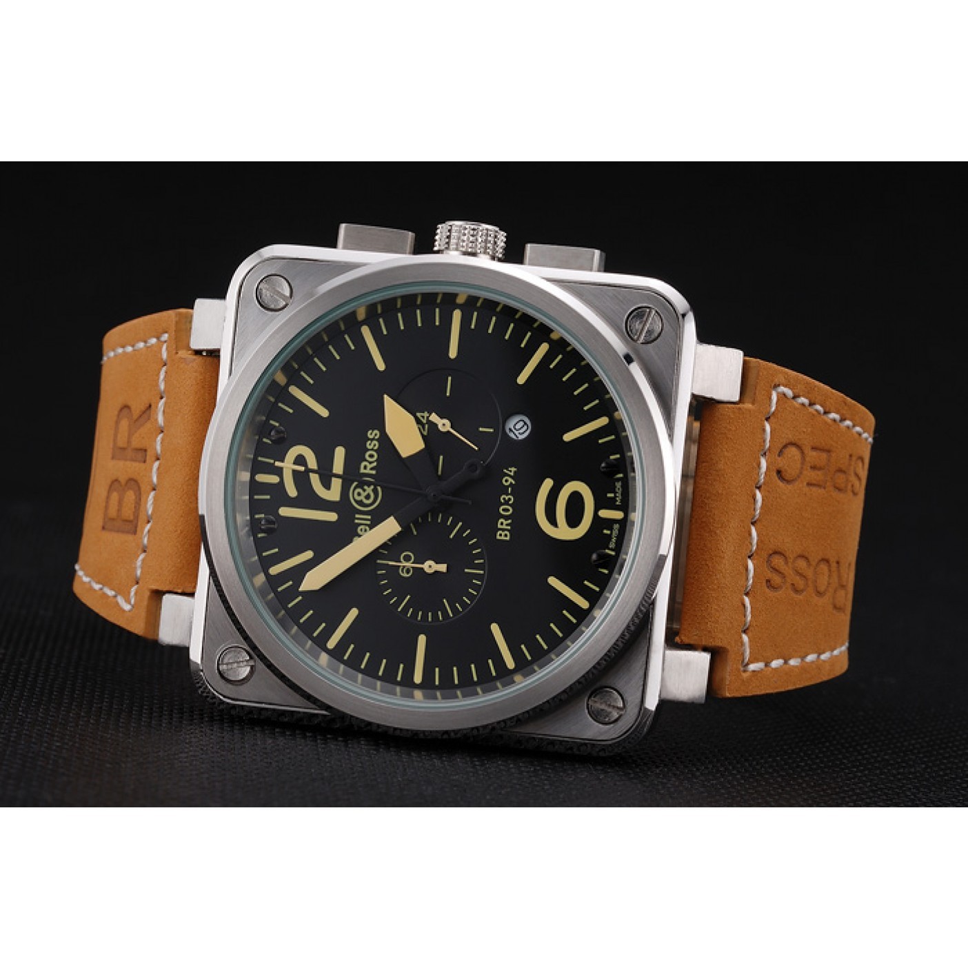 MiroTime Bell and Ross BR 03-94 Black Dial Silver Case Brown Leather Strap