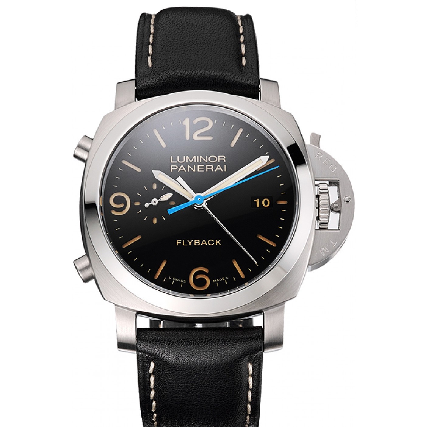 MiroTime Swiss Panerai Luminor Flyback Chronograph Black Dial Stainless Steel Case Black Leather Strap