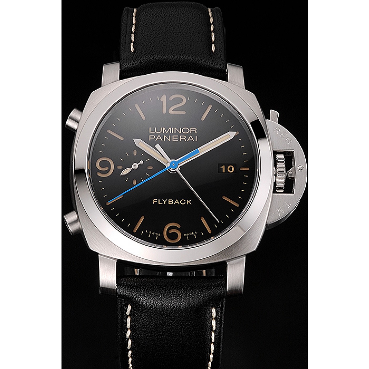 MiroTime Swiss Panerai Luminor Flyback Chronograph Black Dial Stainless Steel Case Black Leather Strap