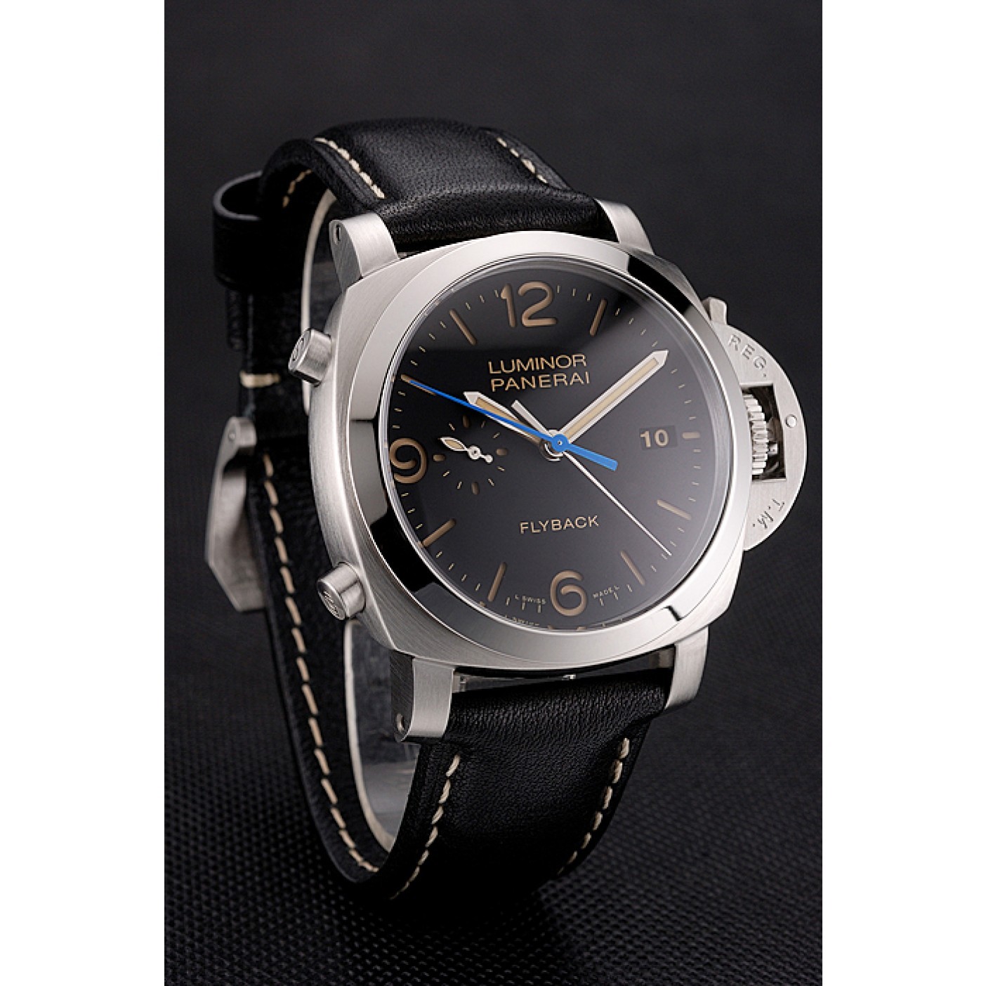 MiroTime Swiss Panerai Luminor Flyback Chronograph Black Dial Stainless Steel Case Black Leather Strap