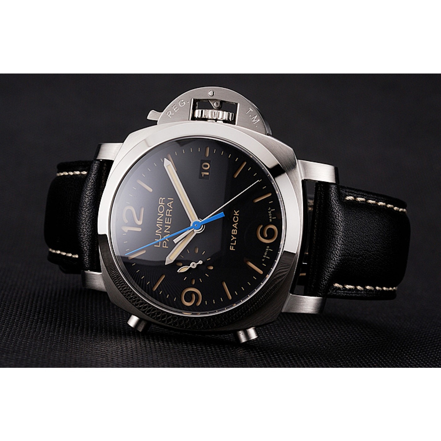 MiroTime Swiss Panerai Luminor Flyback Chronograph Black Dial Stainless Steel Case Black Leather Strap