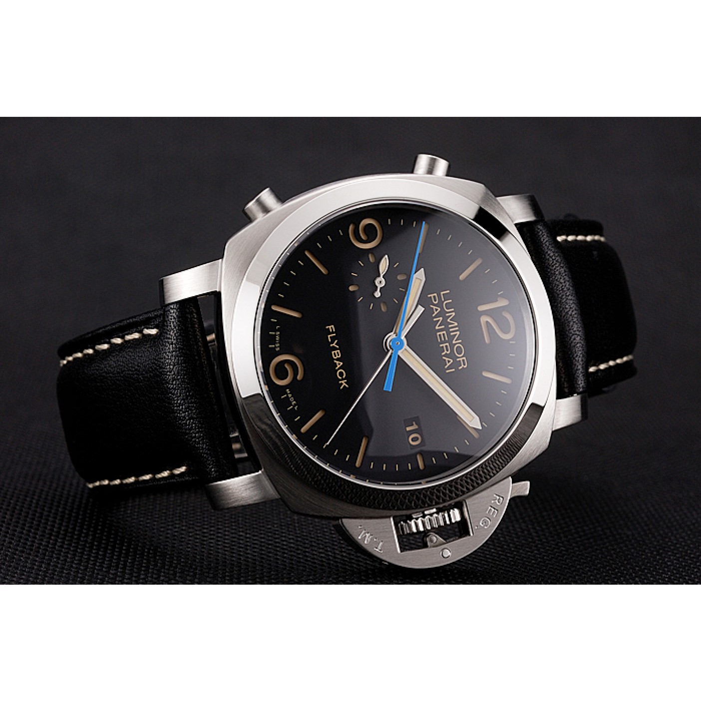 MiroTime Swiss Panerai Luminor Flyback Chronograph Black Dial Stainless Steel Case Black Leather Strap