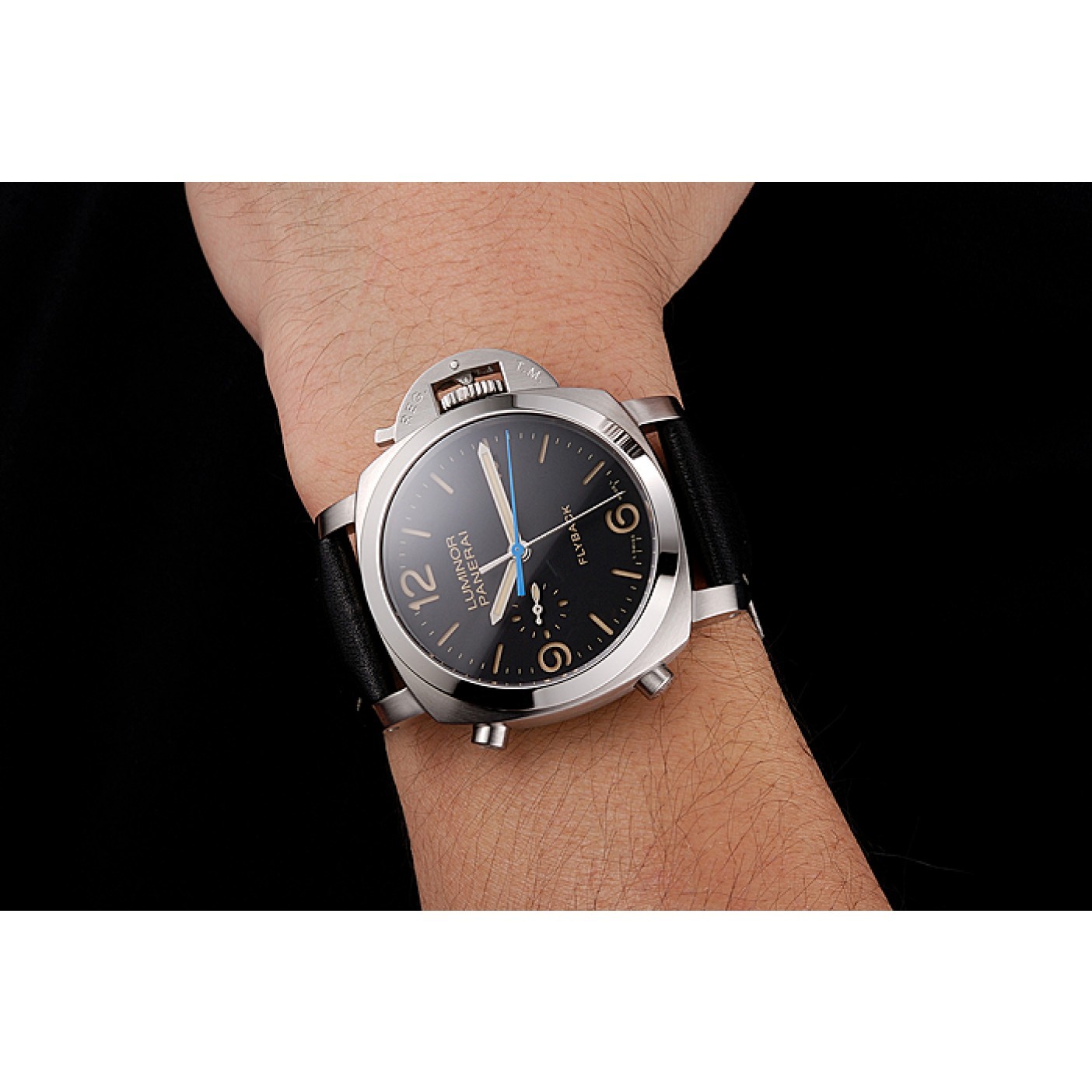 MiroTime Swiss Panerai Luminor Flyback Chronograph Black Dial Stainless Steel Case Black Leather Strap