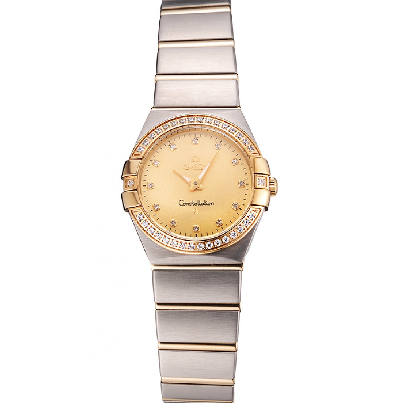MiroTime Swiss Lady Omega Constellation Crystal Encrusted Bezel Golden Dial 80293