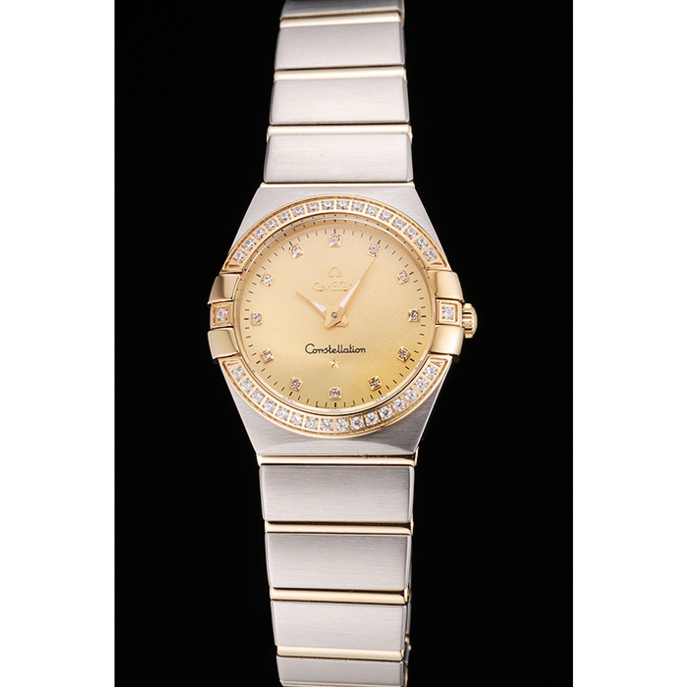 MiroTime Swiss Lady Omega Constellation Crystal Encrusted Bezel Golden Dial 80293