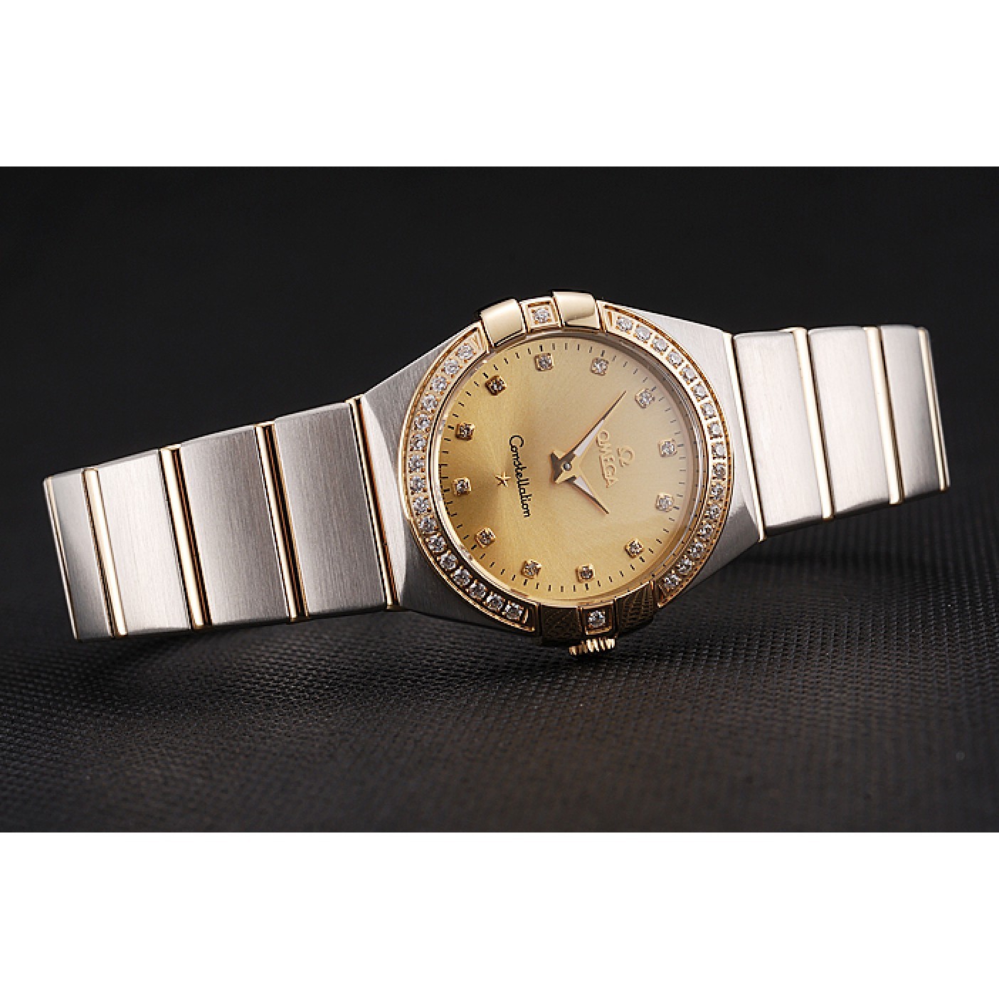 MiroTime Swiss Lady Omega Constellation Crystal Encrusted Bezel Golden Dial 80293