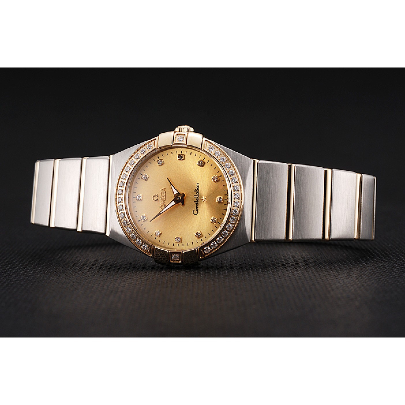 MiroTime Swiss Lady Omega Constellation Crystal Encrusted Bezel Golden Dial 80293