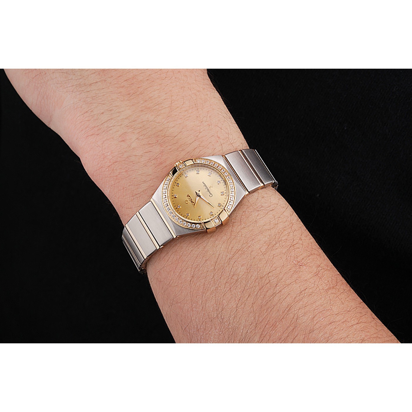 MiroTime Swiss Lady Omega Constellation Crystal Encrusted Bezel Golden Dial 80293