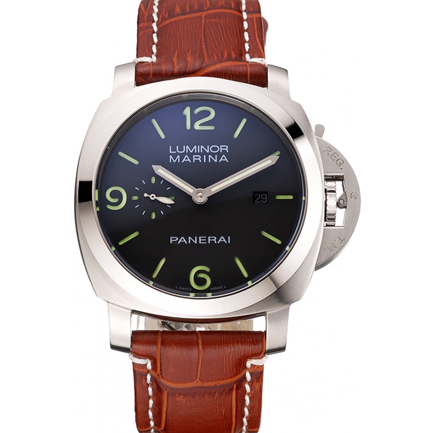MiroTime Panerai Luminor Marina 1950 Black Dial Brushed Steel Case Light Brown Leather Strap