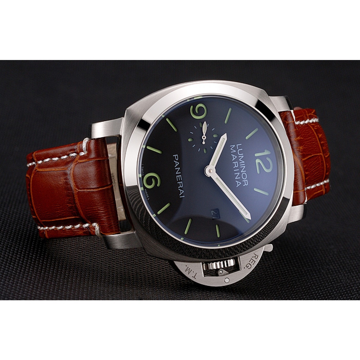 MiroTime Panerai Luminor Marina 1950 Black Dial Brushed Steel Case Light Brown Leather Strap