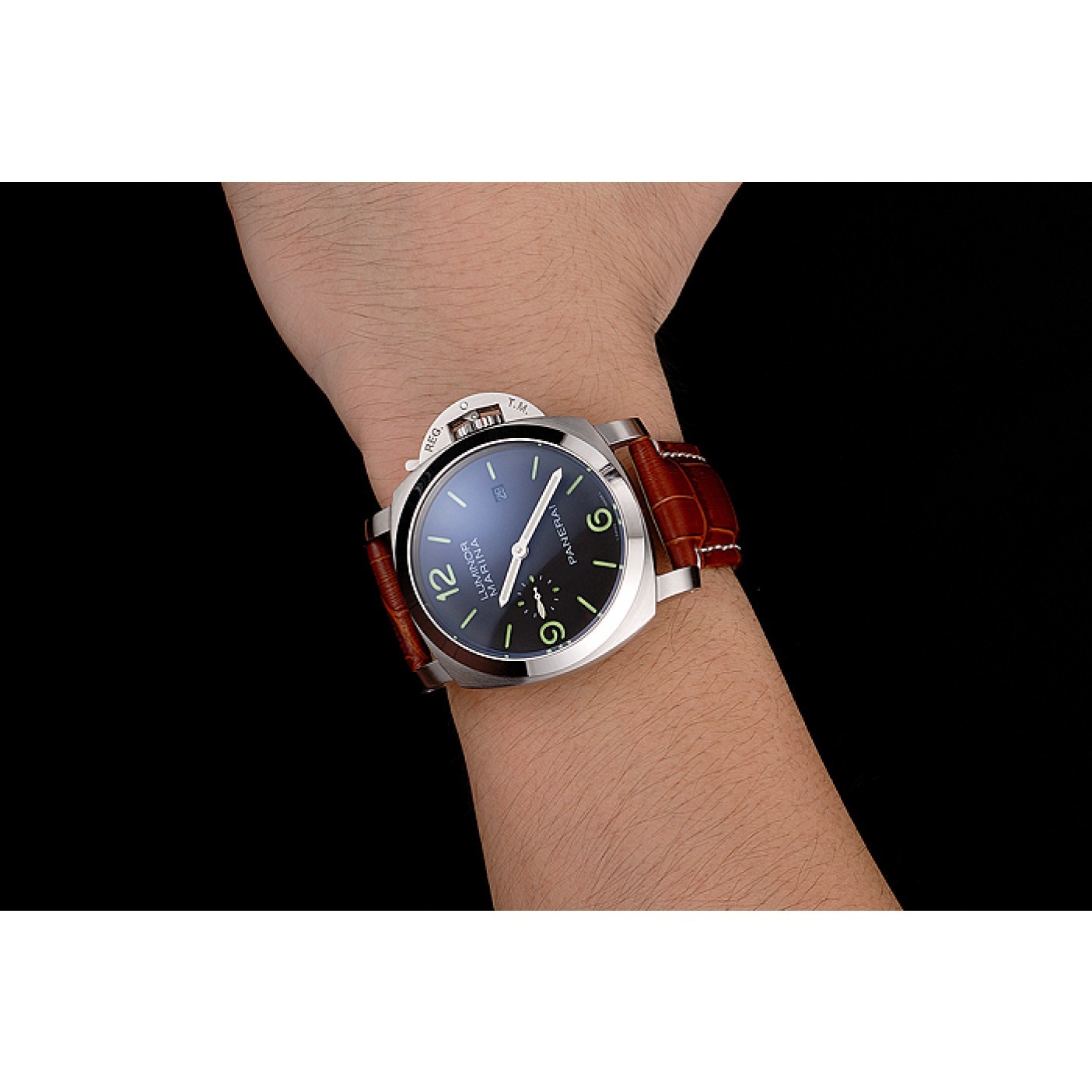 MiroTime Panerai Luminor Marina 1950 Black Dial Brushed Steel Case Light Brown Leather Strap