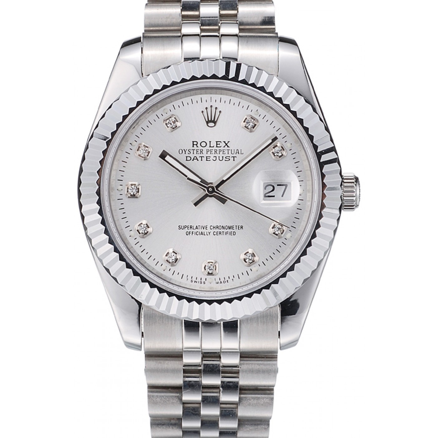 MiroTime Rolex DateJust Stainless Steel Ribbed Bezel Silver Dial 41977