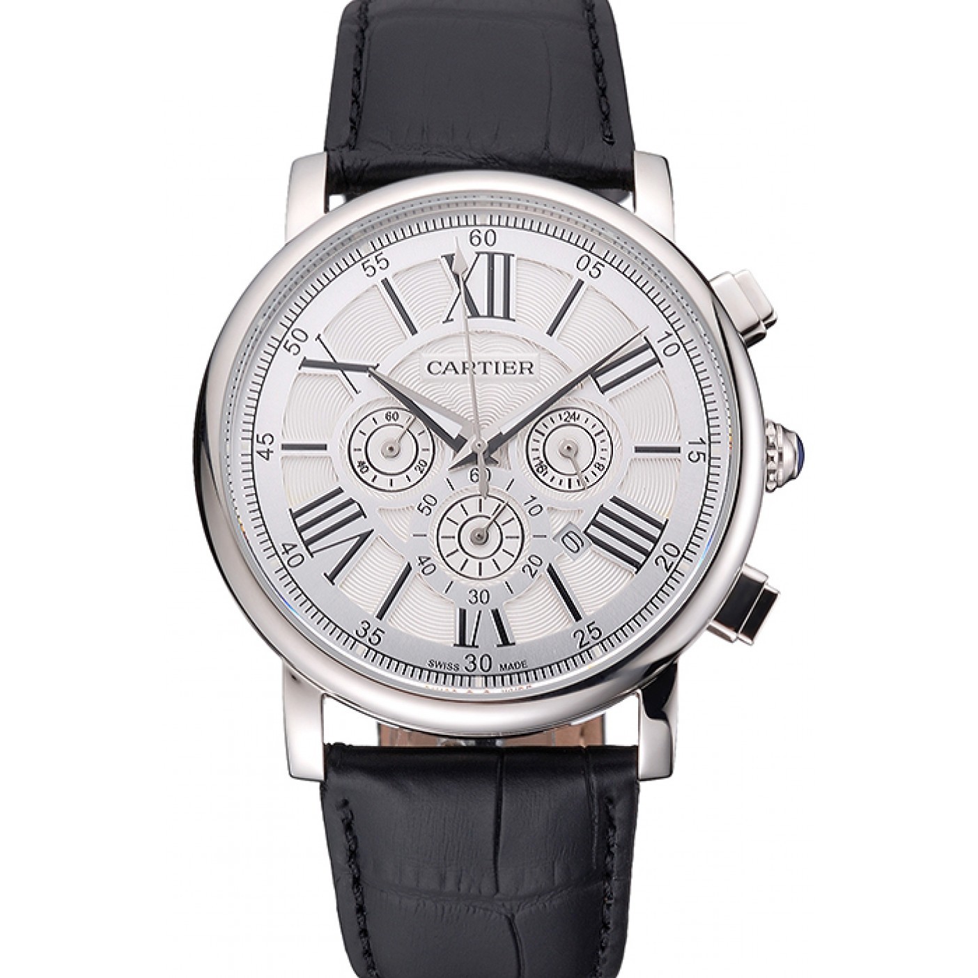 MiroTime Cartier Rotonde Chronograph White Dial Stainless Steel Case Black Leather Strap