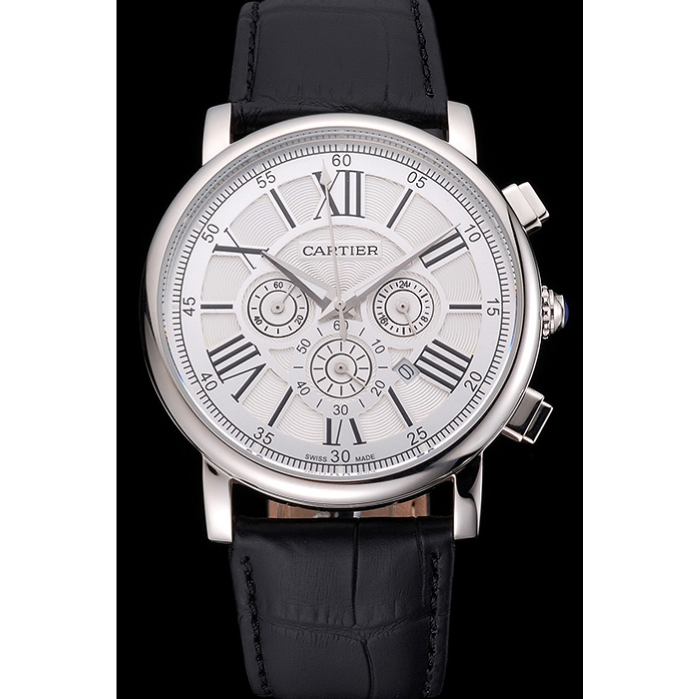 MiroTime Cartier Rotonde Chronograph White Dial Stainless Steel Case Black Leather Strap