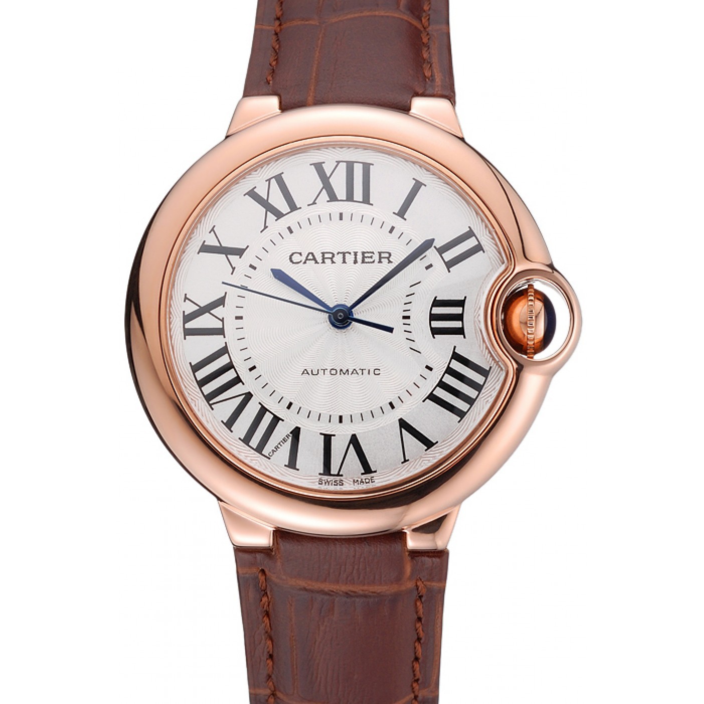 MiroTime Swiss Ballon Blue De Cartier Gold Case White Dial Roman Numerals Brown Leather Bracelet 622651
