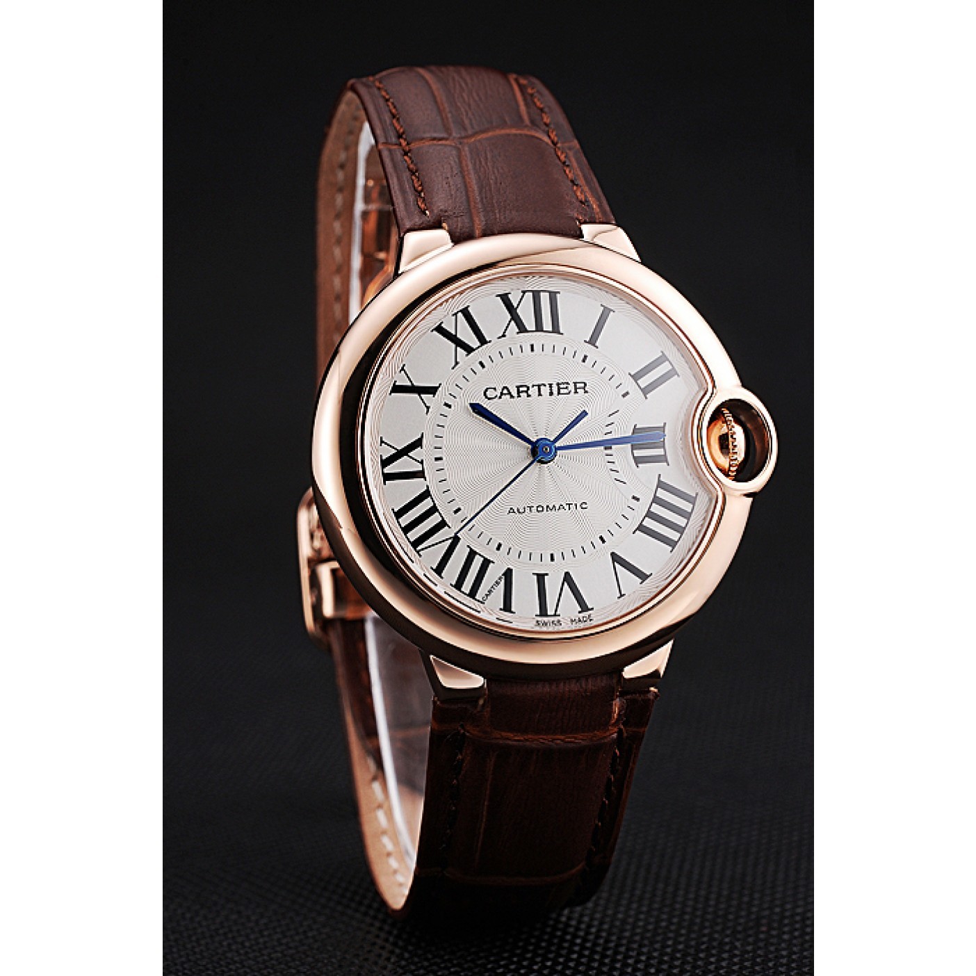 MiroTime Swiss Ballon Blue De Cartier Gold Case White Dial Roman Numerals Brown Leather Bracelet 622651