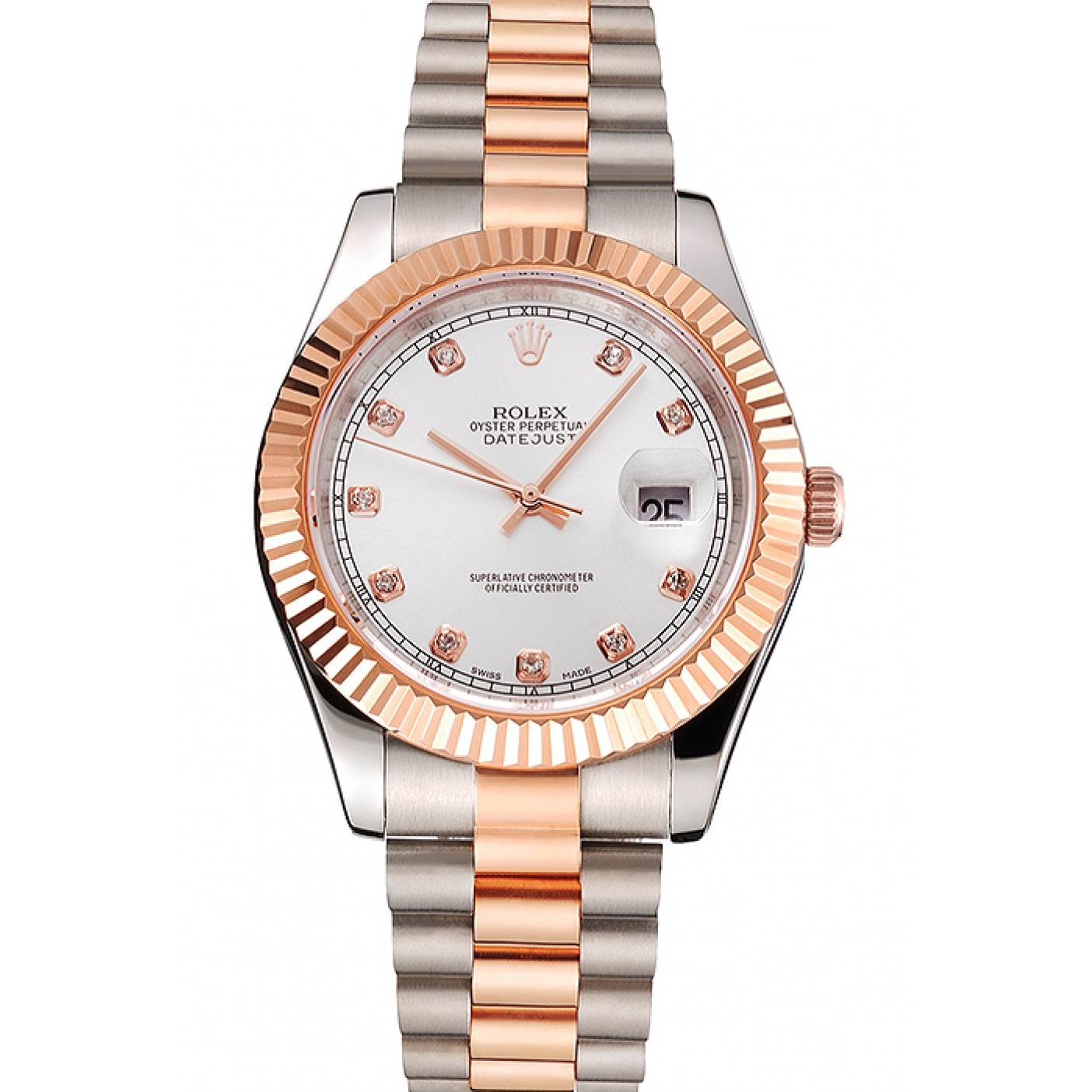 MiroTime Swiss Rolex Datejust White Dial Rose Gold Bezel Stainless Steel Case Two Tone Bracelet