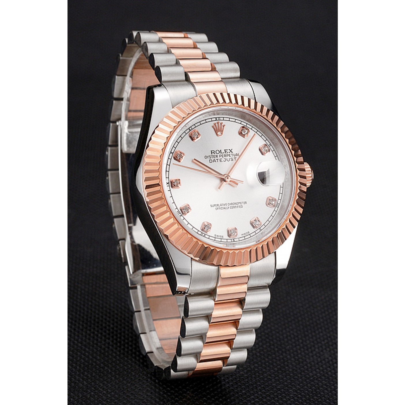 MiroTime Swiss Rolex Datejust White Dial Rose Gold Bezel Stainless Steel Case Two Tone Bracelet