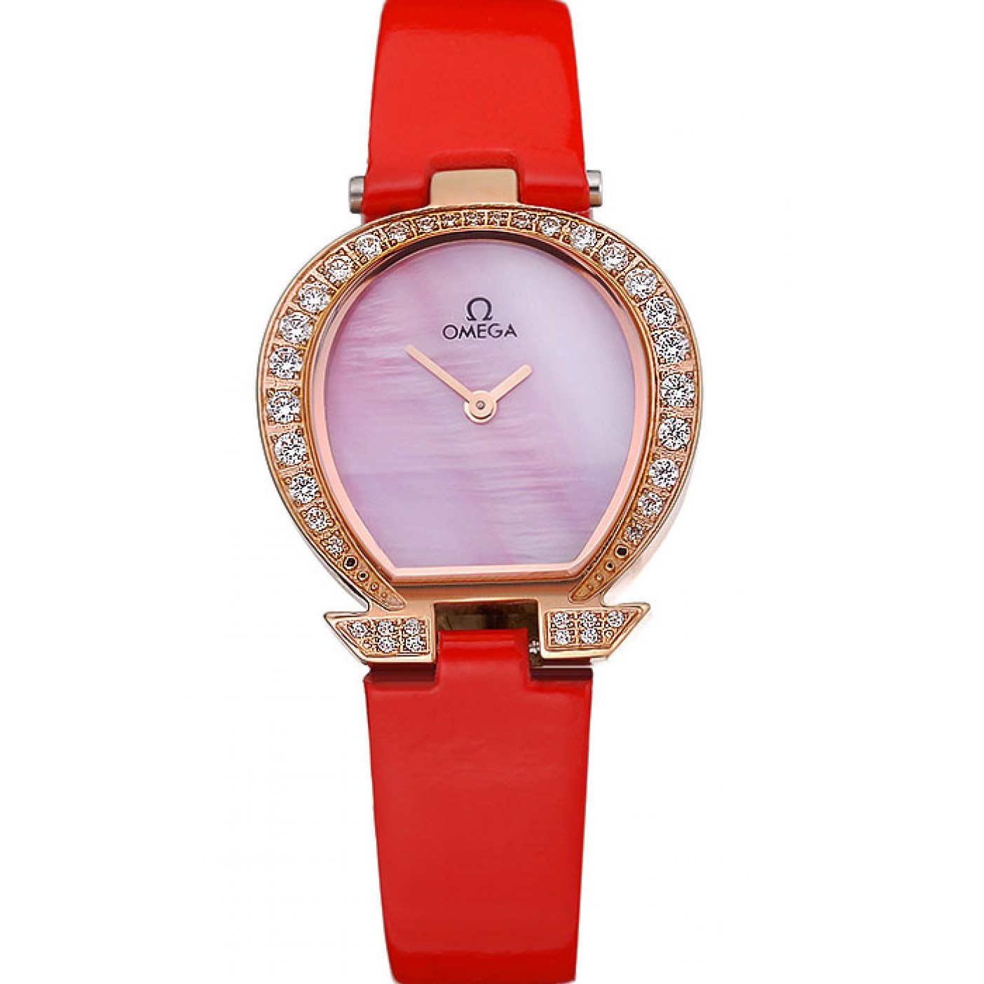 MiroTime Omega Ladies Watch Pink Dial Gold Case With Diamonds Red Leather Strap 622831
