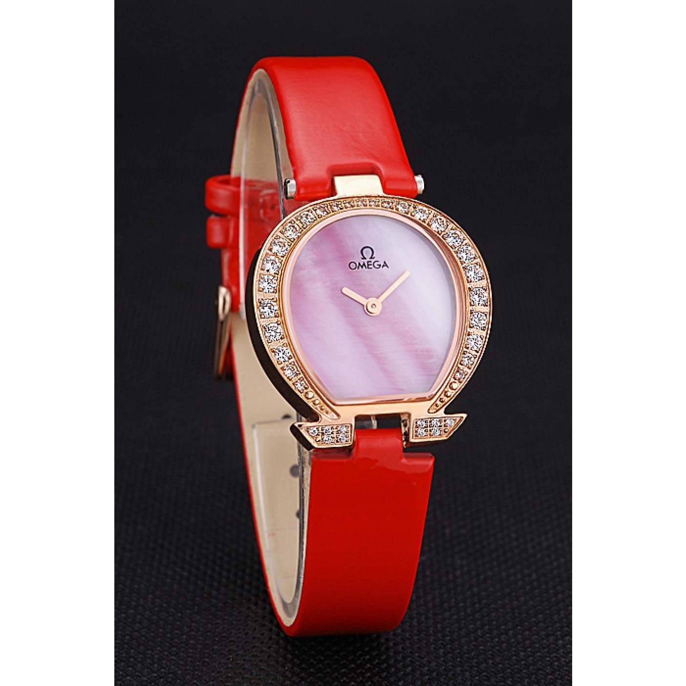 MiroTime Omega Ladies Watch Pink Dial Gold Case With Diamonds Red Leather Strap 622831