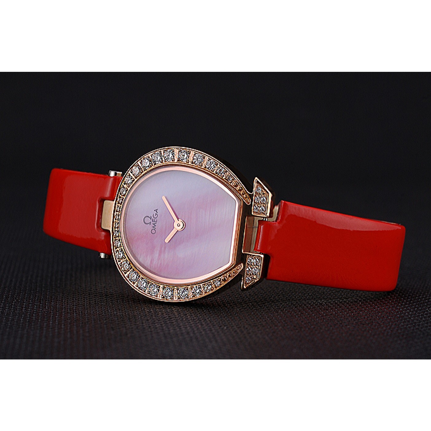 MiroTime Omega Ladies Watch Pink Dial Gold Case With Diamonds Red Leather Strap 622831